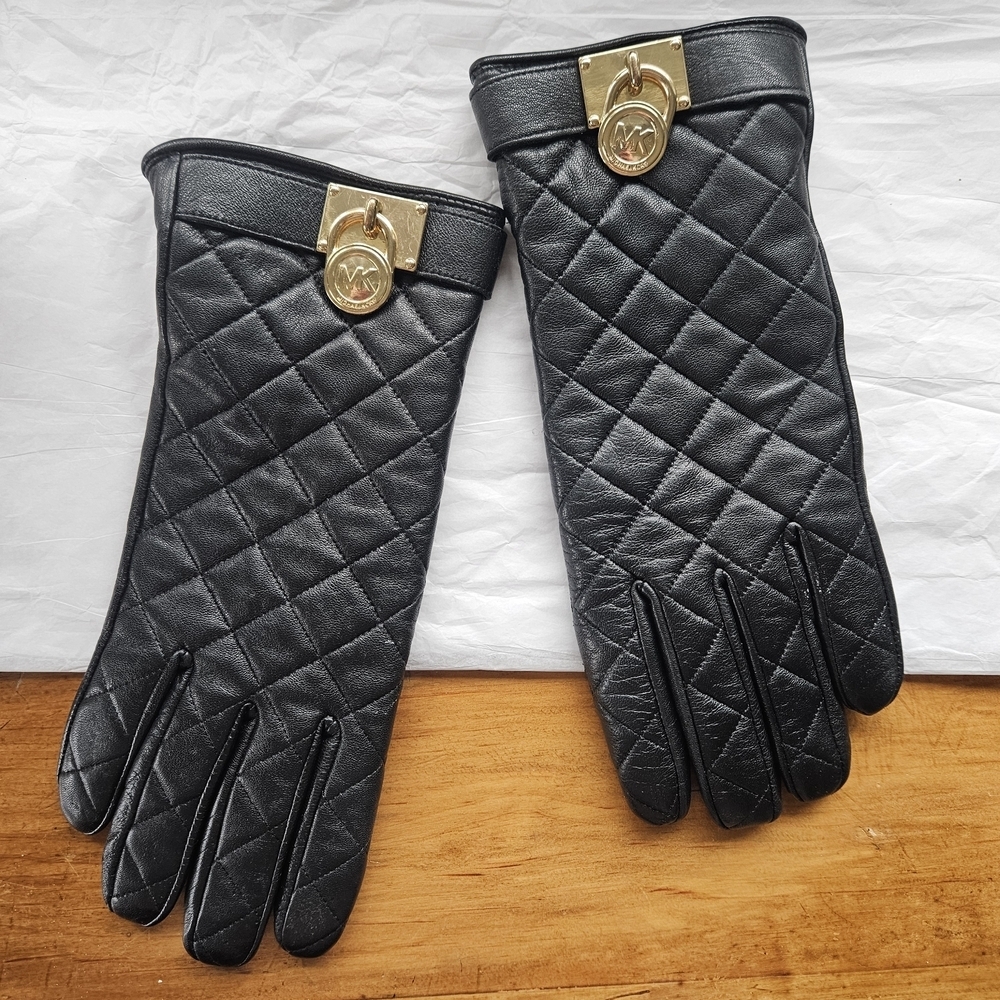 Michael Kors Quilted Black Gloves with Gold Details
